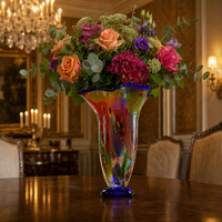 Vase en verre artistique multicolore, vase trompette, bord bleu cobalt, vase floral haut, décoration d'intérieur, centre de table pour salon, mariage