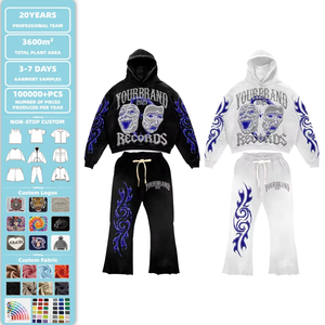 Tùy chỉnh Rhinestone Tracksuit hoodie người đàn ông quá khổ cắt axit rửa Zip Up đau khổ cổ điển Sweatpants và hoodie Set - Product Image 1