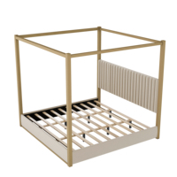 Lit plateforme King Size avec canopy et tête de lit, structure en métal, beige