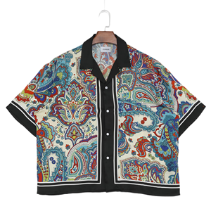 New Arrival <strong>Men's</strong> Casual Summer 100% Cotton Eco-Friendly Anti-Wrinkle Breathable <strong>Paisley</strong> Satin Digital Print Short Sleeve <strong>Shirts</strong> - Product Image 1