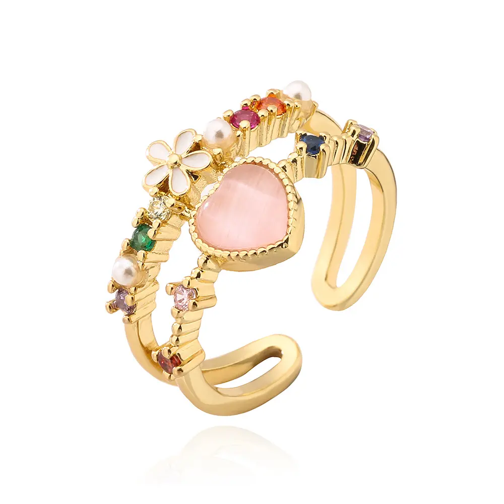 French Vintage Design 18K Gold Plating Zircon Heart Ring Double Layered Flower Heart Ring For Women