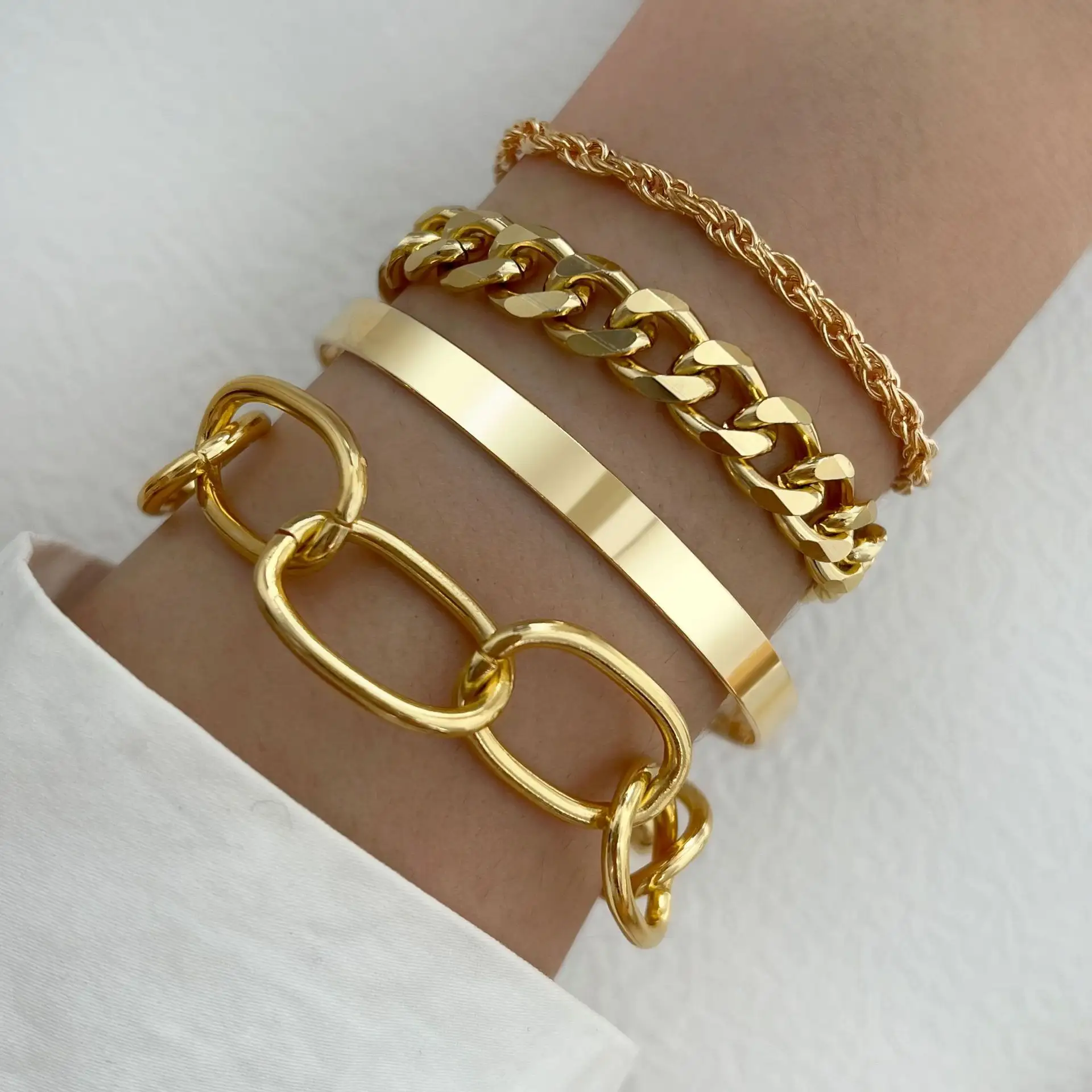 Wholesale of 4pcs Cuban Chain Thick Twisted Bracelet 18k Gold Plated Stainless Steel Fashion Women's Set Jewelry by Manufacturer