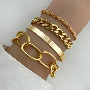 Wholesale Of 4pcs Cuban Chain Thick Twisted Bracelet 18k Gold Plated Stainless Steel Fashion Women's Set Jewelry By Manufacturer