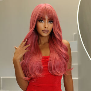 Precio al por mayor de fábrica, pelucas rojas y rosas, pelos ondulados sintéticos de Cosplay naturales largos con <span class=keywords><strong>flequillo</strong></span>, peluca falsa ondulada resistente al calor - Product Image 3