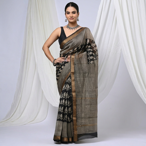 Sari de Seda Maheshwari Pura con Estampado a Mano, Sari Indio de Diseño, Ligero, para Festivales y Fiestas - Product Image 1