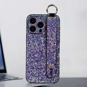 Lens Protective Bling Flash Glitter Diamond Wrist Strap Stand Soft Bumper Case for iPhone 15proMax 14 11 12 13 for iphone15