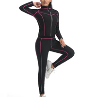 Setelan Sauna Garis-garis Fuchsia Grosir, Lengan Panjang, Kerah Tegak, Pakaian Yoga, Setelan Sauna untuk Wanita