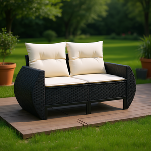 โซฟาหวายสีดำสำหรับสวน 2 ที่นั่ง เฟอร์นิเจอร์กลางแจ้งพร้อมเบาะโฟมความหนาแน่นสูง ดีไซน์ร่วมสมัย - Product Image 2