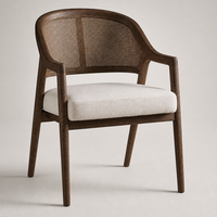 Fauteuil de salle à manger moderne du milieu du siècle, dossier en rotin, structure en bois foncé, assise rembourrée crème, pour hôtel, restaurant, villa