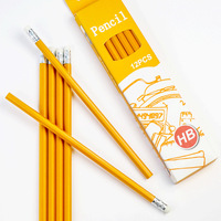 Crayons jaunes HB de 7,5 pouces avec gomme pour l'école, crayons en plastique à mine noire, lot de 12, forme hexagonale, ensemble de papeterie pour enfants