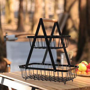 Panier en fer rectangulaire noir à double couche pour l'extérieur, portable, pour pique-nique, rangement de boissons, utilisation en cuisine - Product Image 1