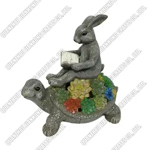 Resin Crafts Rabbit on Turtle Ornaments with Solar Lights Outdoor Garden Bunny Statues for Garden Gifts