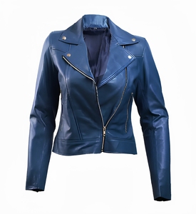 Veste de moto pour femme en cuir PU bleu, anti-UV, doublure 100% polyester, fermeture éclair, col mandarin, manches longues, vêtements d'hiver - Product Image 1