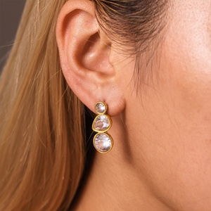 Nouvelles boucles d'oreilles pendantes en acier inoxydable plaqué or 18 carats, forme goutte d'eau, avec 3 zircone, bijoux en or - Product Image 4