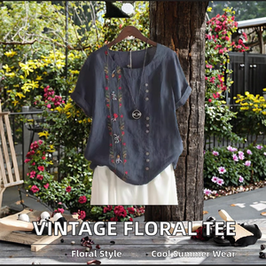 Camiseta de Mujer Estilo Casual Vintage, 100% Lino, Estampado Floral, Chifón, Manga Corta, Logotipo Bordado en la Parte Delantera, Corte Holgado, Talla de Verano - Product Image 2