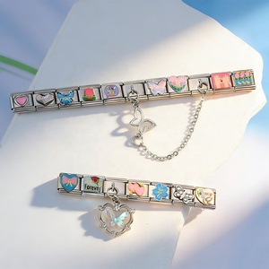 Bracelet modulaire en acier inoxydable avec breloques florales, perles émaillées papillon et tulipe, hypoallergénique pour peaux sensibles, chaîne - Product Image 4