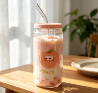 Gobelet en verre côtelé imprimé pêche avec couvercle rose, en borosilicate, avec paille en verre pour jus, lait, thé, café glacé