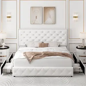 Kainice Rice White Tufted Upholstered Platform Bed With Adjustable Headboard Queen Bed Frame With Storage