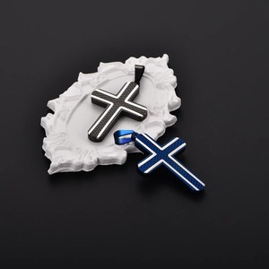Colliers croix pour hommes, pendentif amulette de prière en acier inoxydable, charme bleu noir tendance, bijoux de foi Jésus-Christ - Product Image 3