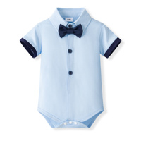 Catpapa - Conjunto de 3 piezas para bebé niño: Body con ribete, pantalón corto con tirantes azul marino y pajarita - Traje de caballero para bautizo o fiesta