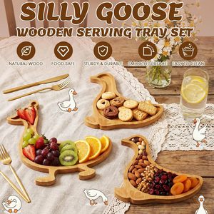 Silly Goose Wooden Serving <b>Tray</b> Set Duck Shape Fruit <b>Snack</b> Plate Natural Wood Food Safe Sturdy Durable Smooth Surface Easy Clean - Product Image 1