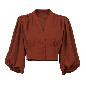 Chemisier Victorien pour Femme, Col <span class=keywords><strong>en</strong></span> V, Manches Longues Lanterne, Coupe Ajustée, Romantique et Élégant, Haut de Bureau d'Automne, Chemise de Travail, Vente <span class=keywords><strong>en</strong></span> Gros - Product Image 5