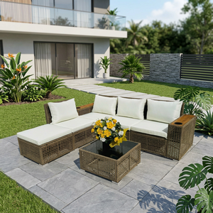 Produit phare : Ensemble de canapés d'extérieur en rotin de luxe moderne KD avec coussins blancs imperméables pour villa, appartement, jardin et patio - Product Image 1