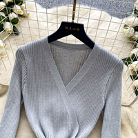 Robe décontractée élégante pour femme, col en V, manches longues, tricotée, taille à nouer, coupe trapèze, longueur midi, pour le quotidien
