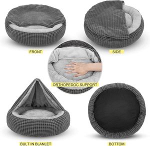 Hondenbed Met Aangehechte Deken Voor Kleine Honden Of Katten Zacht Pluche Gezellig Rond Puppybed Kalmerende Kattengrotbed Antislipbodem - Product Image 5