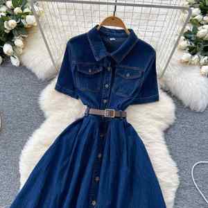 Vestido Midi Vaquero Lavable de Verano para Mujer, Estilo Vintage, con Cuello Vuelto, Manga Corta y Silueta en A, Marca USA Mairun - Product Image 2