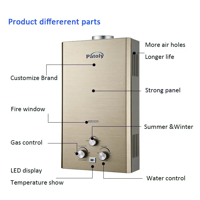 Il più caldo golden plane design camping RV gas scaldabagno a gas gpl ng instant muslimah gaz geyser boiler wall hung household