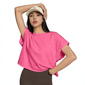 Crop top rose pour femme, manches courtes, col rond, coupe ample, tricot en coton, décontracté, printemps été, couleur unie - Product Image 1
