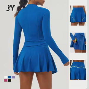 Joyyoung set rok wanita, 2 potong pakaian lengan panjang Zip atasan Crop lipit rok Mini pakaian tenis luar ruangan - Product Image 3