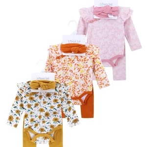 2024新款高品质新生儿婴儿服装可爱100% 棉针织印花3件套女婴服装