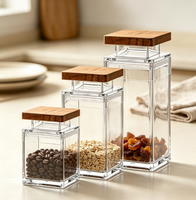 Pot de conservation alimentaire carré en PMMA transparent avec couvercle en bois, hermétique, pour café en grains, thé, céréales et aliments secs - Vente en gros