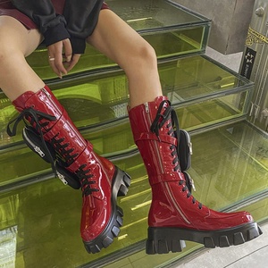 Bottes hautes pour femmes en cuir verni effet miroir, bout rond, plateforme, fermeture éclair latérale, talon épais, bottes longues pour femmes - Product Image 5