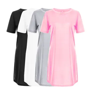 Atacado causal rosa encabeça meninas-Camiseta feminina longa estilo verão, casual, manga curta, sexy, solta, lisa, rosa, preta, branca