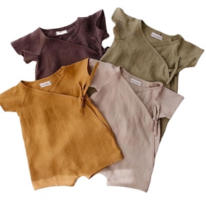 Ropa de lino para bebé, <span class=keywords><strong>pijama</strong></span> liso de color sólido de manga corta, 2022 - Product Image 1