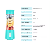 Mixeur Portable pour Smoothies et Jus, 500 ml, 6 Lames en Acier Inoxydable, Qualité Alimentaire FDA FCC, Batterie 4000 mAh, Idéal pour Camping-Car, Camping, Salle de Sport