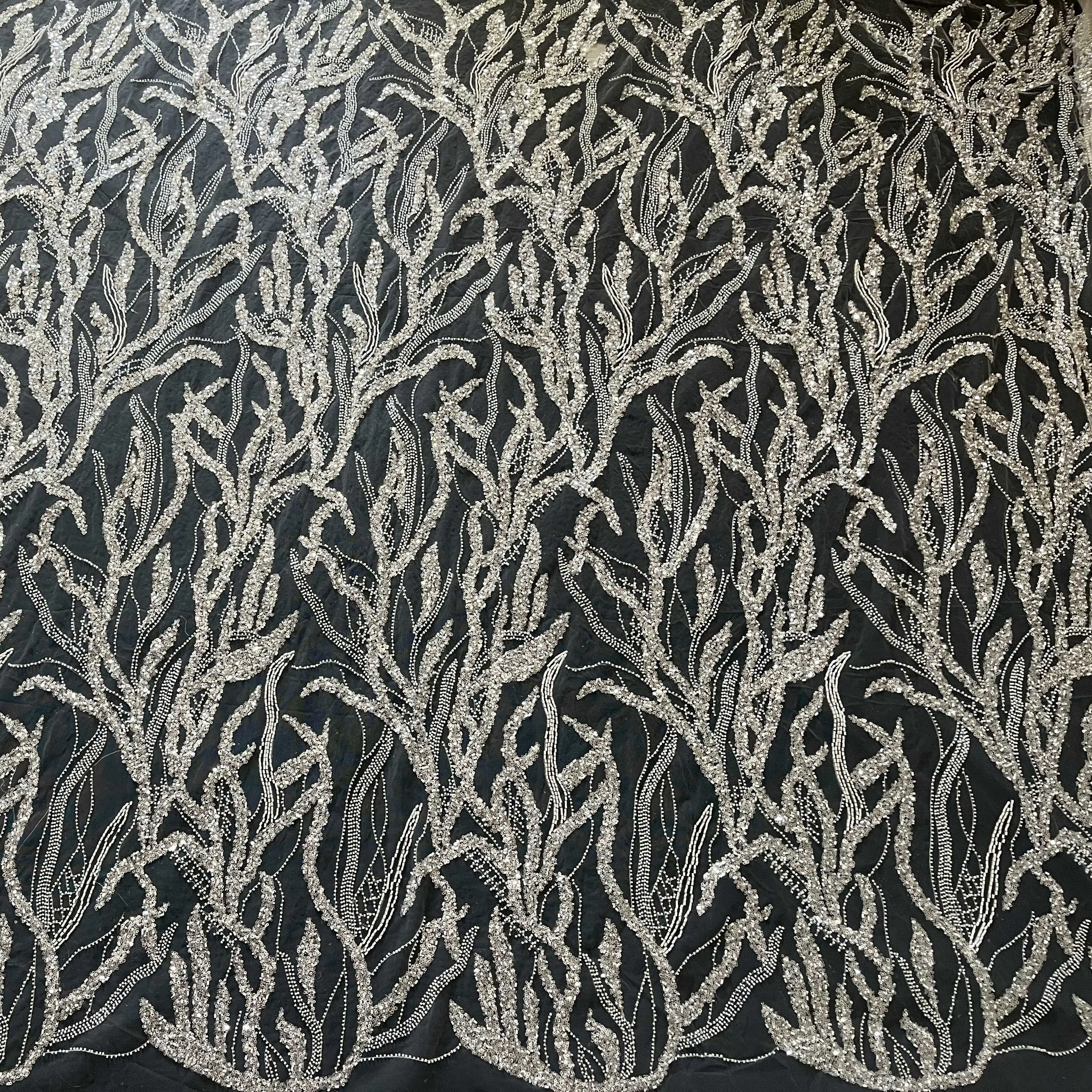 قماش دانتيل مطرز مسطح للزفاف مع الخرز قماش شبكي من التول