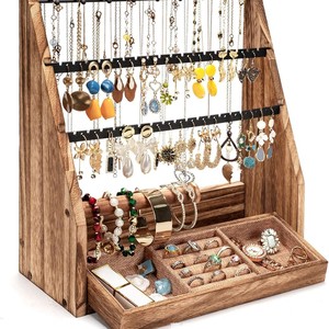 Wooden Jewelry Storage Rack <b>Earring</b> Holder Solid Wood Retro Style Jewelry Organizer Display Stand With Drawer For Necklace Ring - Product Image 4