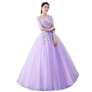 Purple Tulle Ball Gown O-Neck Empire Waist Floral Print Evening Dress For Banquets Parties Art Exam - Product Image 5