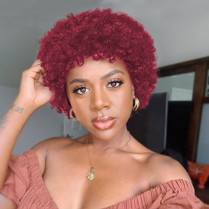 Wijnrode <span class=keywords><strong>Pixie</strong></span> Cut Golvende Machine Gemaakt Pruik Braziliaans Indiaas Raw Remy Virgin 100% Echt Haar <span class=keywords><strong>Pixie</strong></span> Geen Kant Lijmloze Pruik - Product Image 1