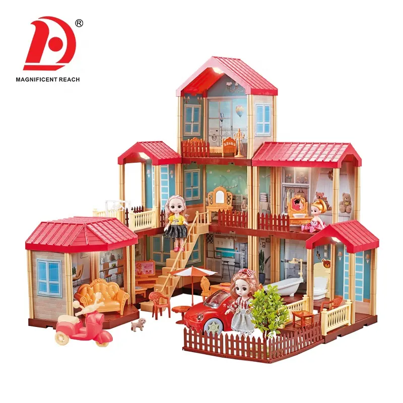 Pretend Toy For Kids HUADA Miniature DIY Furniture Set Dream Princess Castle Villa Toy Kit Kid Pretend Play Big Doll Houses For Girl With Accessories