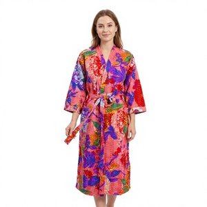 Kimono/Albornoz Casual de Algodón Puro 100% con Estampado Floral Indio, Cuello en V y Cierre de Cinturón, Estampado Digital Kantha, para Mujer, Verano/Invierno - Product Image 1