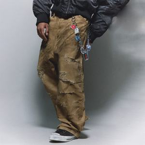 Pantalones al por mayor con efecto desgastado, 100% algodón, lona de alta calidad, corte holgado, clásicos, con efecto de gran desgaste, con remaches y doble rodilla. - Product Image 4