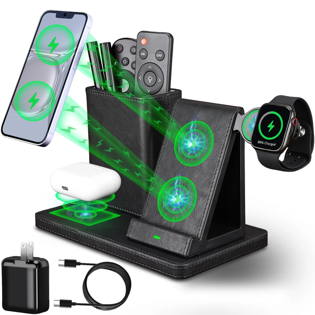 Custom OEM High Quality Leather Desk Organizer Desktop Desk 3 in 1 Charging Station with Wireless Charger