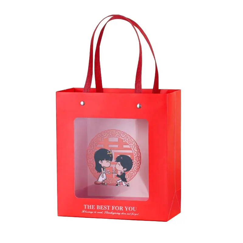 Custom Logo Transparent Fresh Flowers Gift Packaging Bag Art red Paper Bag With Windows