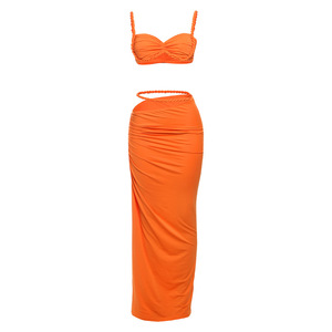Fashion Ruched Bandage Sexy 2 Piece Sets Club Backless Decorative <strong>Cord</strong> Top and <strong>Skirt</strong> Dress Sets Summer Vacation Dress 3344 - Product Image 3