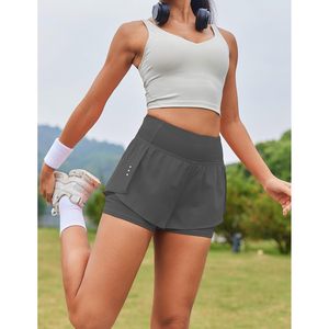 Pantalones Cortos Deportivos 2 en 1 FOXA para Mujer, Cintura Alta, para Correr, Gimnasio, Entrenamiento, con Bolsillos Laterales, Ajustados, de Poliéster Sólido - Product Image 2